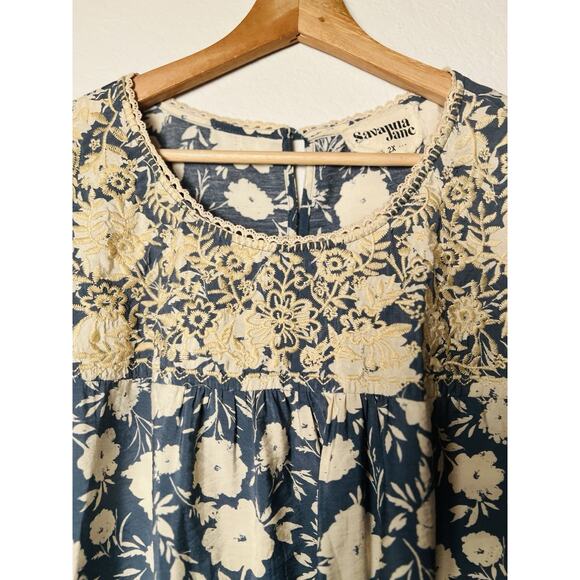 Savanna Jane 2X Embroidered Boho Peasant Top Blue Floral Tassel Sleeve Tunic - Picture 4 of 13